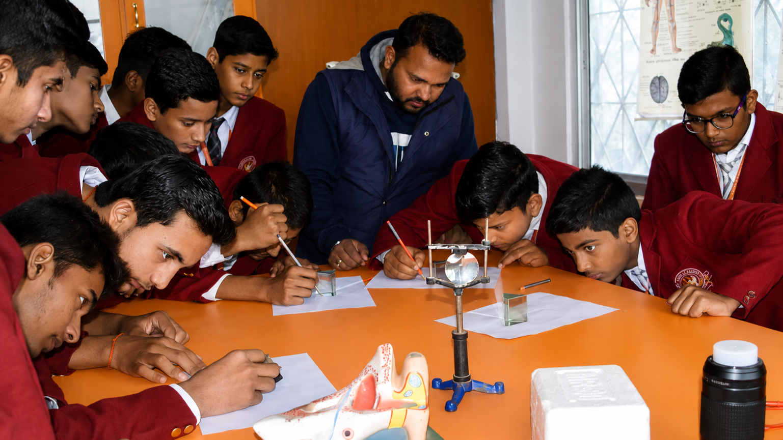 Students conducting science experiments in laboratory at Roshani Public School